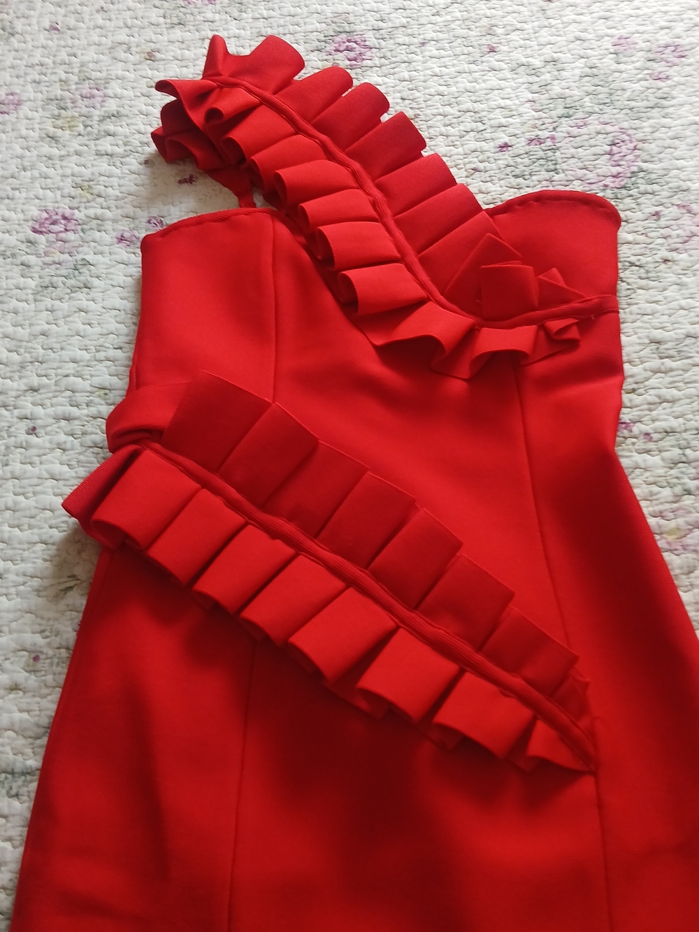 Red Ruffle One-Shoulder Sheath Dress - Picture 3 of 5